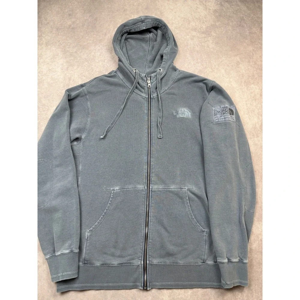 The North Face Mens L Full Zip Hoodie Blue Mountain Graphic Logo Sweatshirt Fade